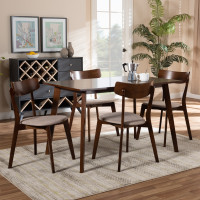 Baxton Studio Iora/Fiesta-Latte/Walnut-5PC Dining Set Nori Mid-Century Modern Transitional Light Beige Fabric Upholstered and Walnut Brown Finished Wood 5-Piece Dining Set